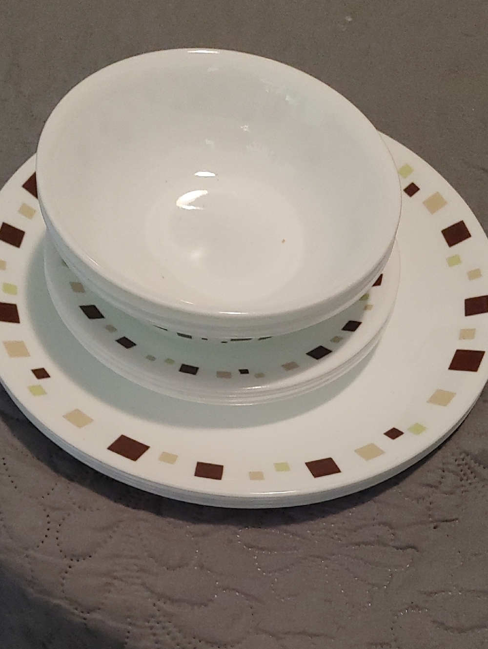 Corelle White Dinnerware Set with Brown and Tan Geometrics (11)